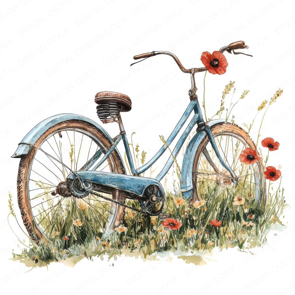 Bicycle in Wildflower Meadow fussy cut sheet in US Letter format showing all 12 designs on one printable page