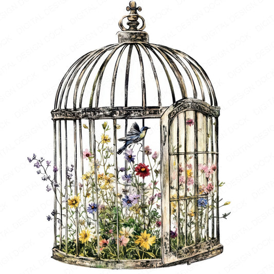 Birdcage with Growing Wildflowers fussy cut sheet in A4 format showing all 12 designs on one printable page