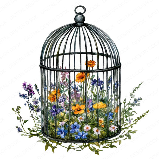 Birdcage with Wildflower Growth fussy cut sheet in A4 format showing all 12 designs on one printable page