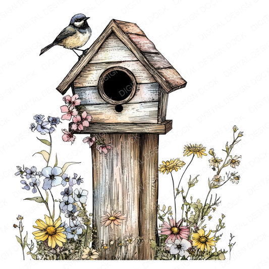 Birdhouse with Climbing Flowers fussy cut sheet in A4 format showing all 12 designs on one printable page