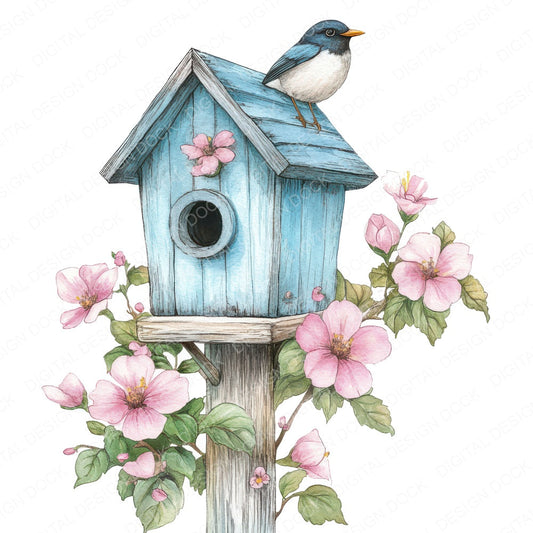 Birdhouse with Floral Vines fussy cut sheet in US Letter format showing all 12 designs on one printable page