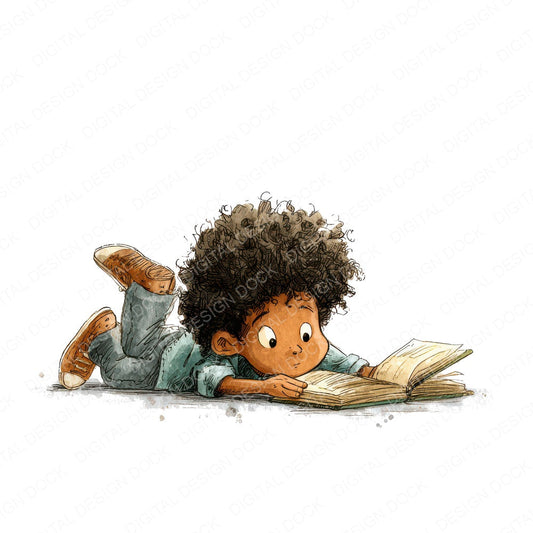 Black Boy Reading Book fussy cut sheet in A4 format showing all 12 designs on one printable page