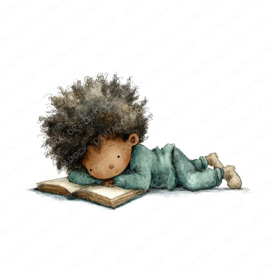 Black Boy Reading Book fussy cut sheet in US Letter format showing all 12 designs on one printable page