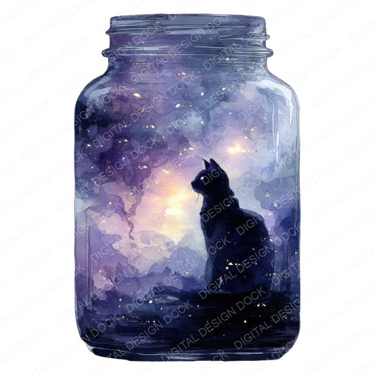 Black Cat Halloween Jar fussy cut sheet in A4 format showing all 12 designs on one printable page