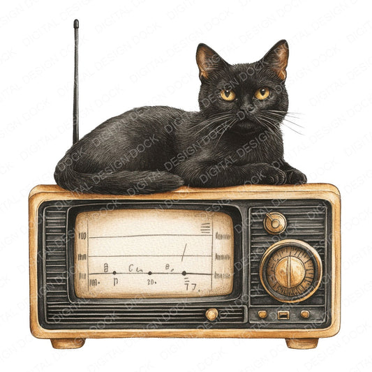 Black Cat on Vintage Radio fussy cut sheet in A4 format showing all 12 designs on one printable page