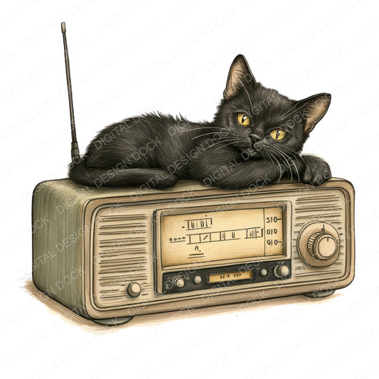 Black Cat on Vintage Radio fussy cut sheet in US Letter format showing all 12 designs on one printable page