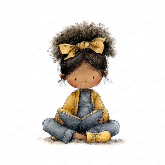 Black Girl Reading Book fussy cut sheet in A4 format showing all 12 designs on one printable page