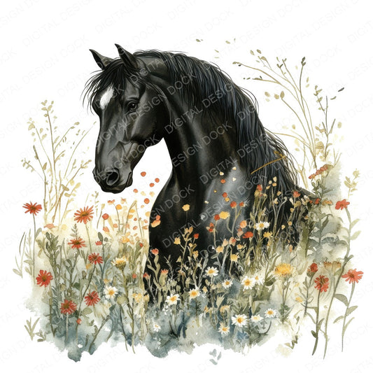 Black Horse in Meadow fussy cut sheet in A4 format showing all 12 designs on one printable page
