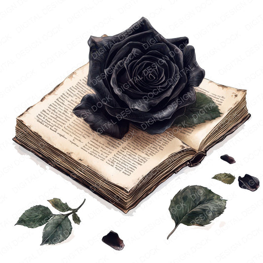 Black Rose on Book fussy cut sheet in A4 format showing all 12 designs on one printable page