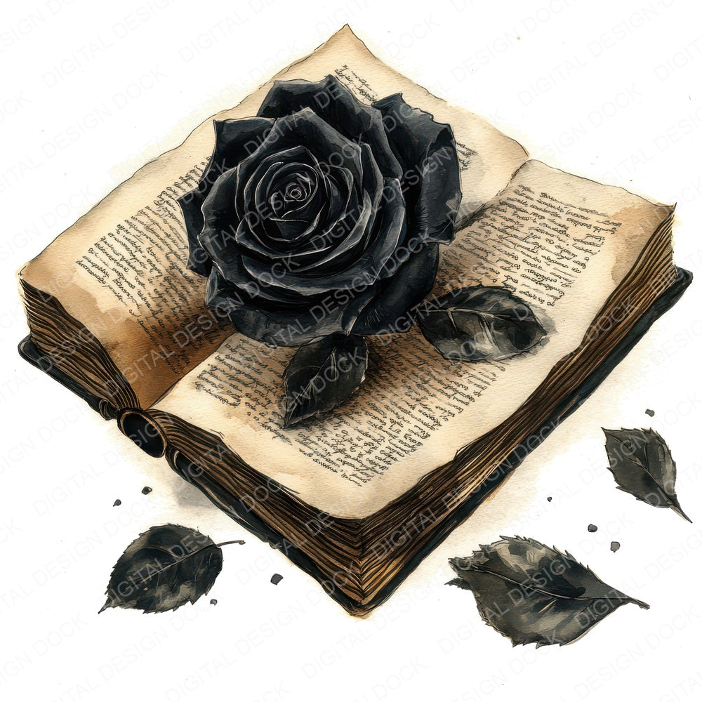 Black Rose on Book fussy cut sheet in US Letter format showing all 12 designs on one printable page