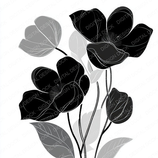 Black Silver Abstract Flowers fussy cut sheet in A4 format showing all 12 designs on one printable page