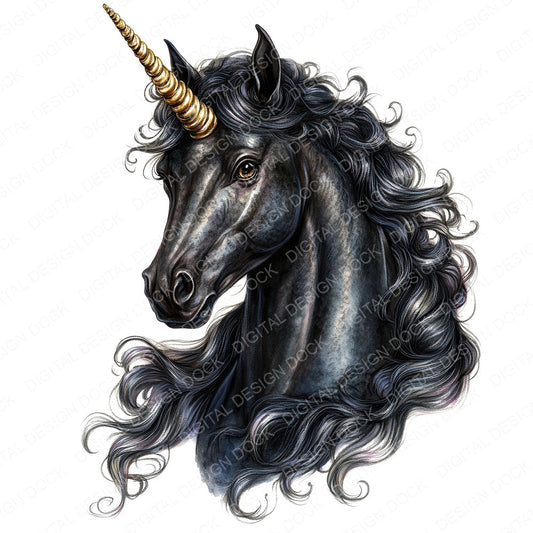 Black Unicorn Portrait fussy cut sheet in US Letter format showing all 12 designs on one printable page