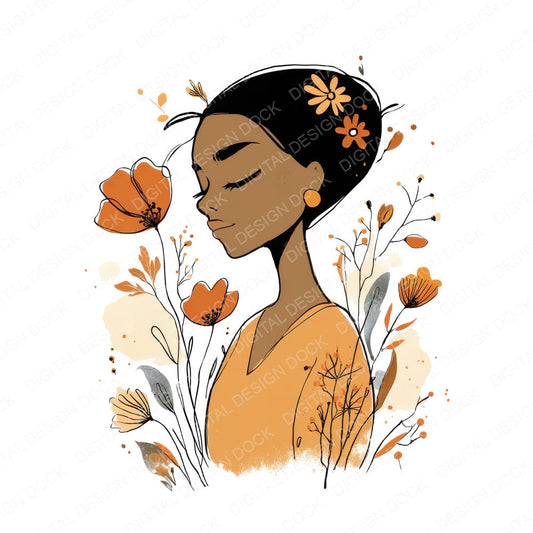 Black Woman Floral Line Art fussy cut sheet in A4 format showing all 12 designs on one printable page