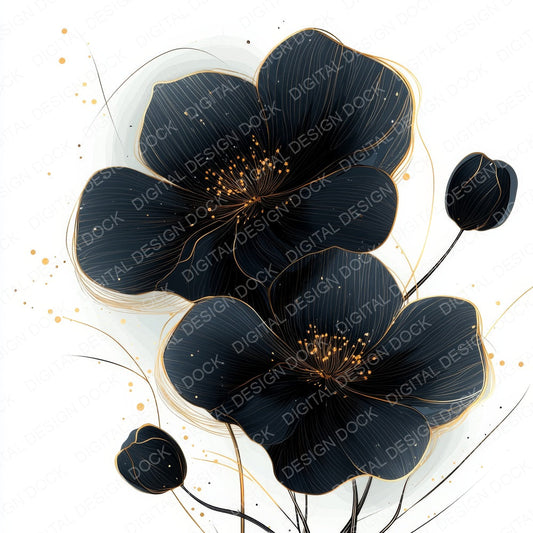 Black and Gold Abstract Flowers fussy cut sheet in A4 format showing all 12 designs on one printable page
