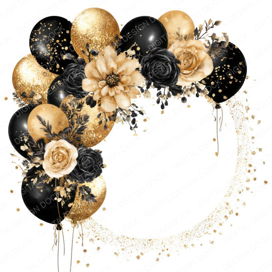Black and Gold Balloon Border fussy cut sheet in A4 format showing all 12 designs on one printable page