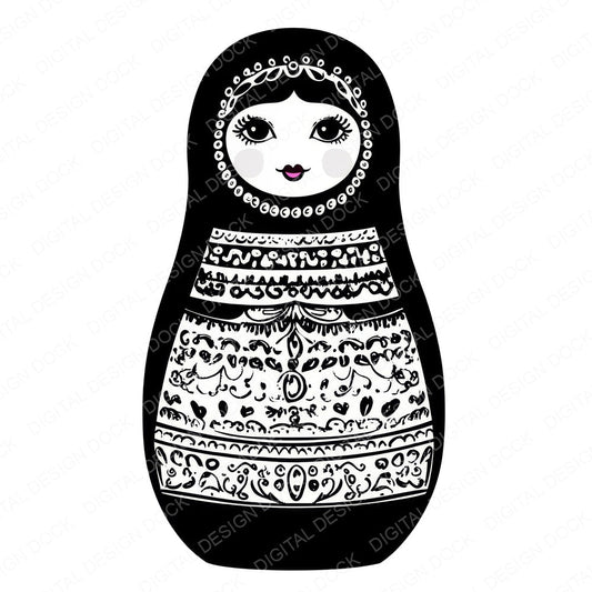 Black and White Matryoshka Doll fussy cut sheet in A4 format showing all 12 designs on one printable page
