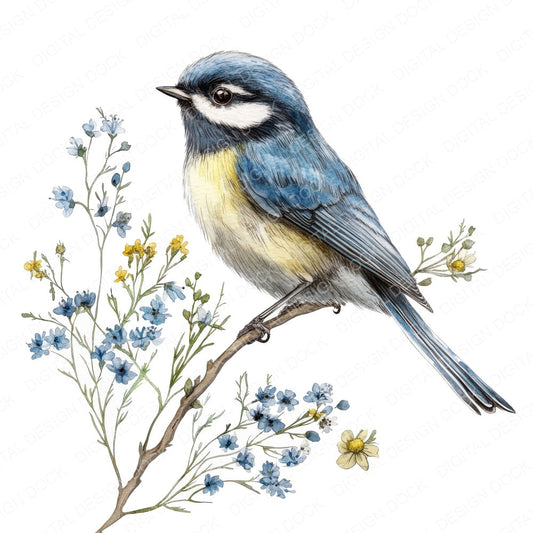Blue Tit on a Branch fussy cut sheet in A4 format showing all 12 designs on one printable page