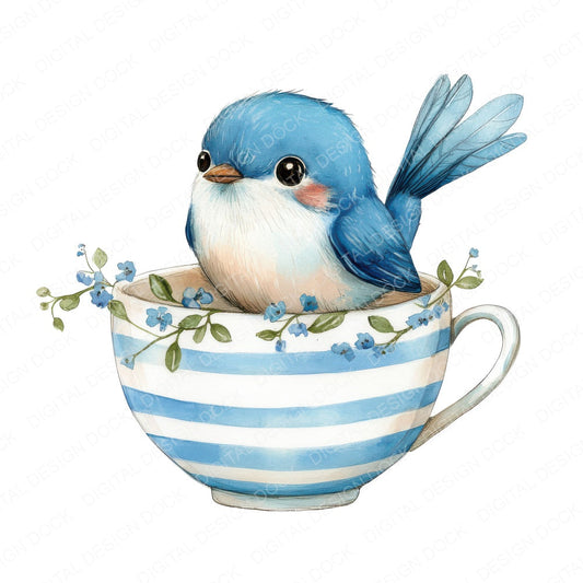Bluebird in Striped Teacup fussy cut sheet in A4 format showing all 12 designs on one printable page