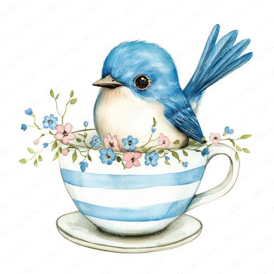 Bluebird in Striped Teacup fussy cut sheet in US Letter format showing all 12 designs on one printable page