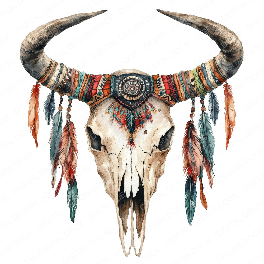 Boho Cow Skull fussy cut sheet in A4 format showing all 12 designs on one printable page