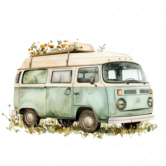 Boho Floral Campervan fussy cut sheet in A4 format showing all 12 designs on one printable page