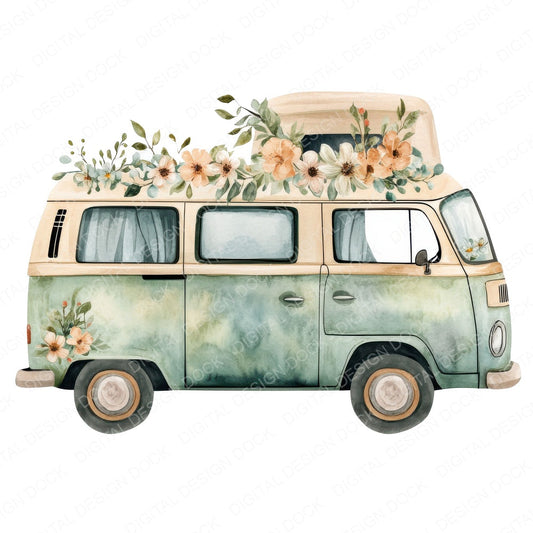 Boho Floral Campervan fussy cut sheet in US Letter format showing all 12 designs on one printable page