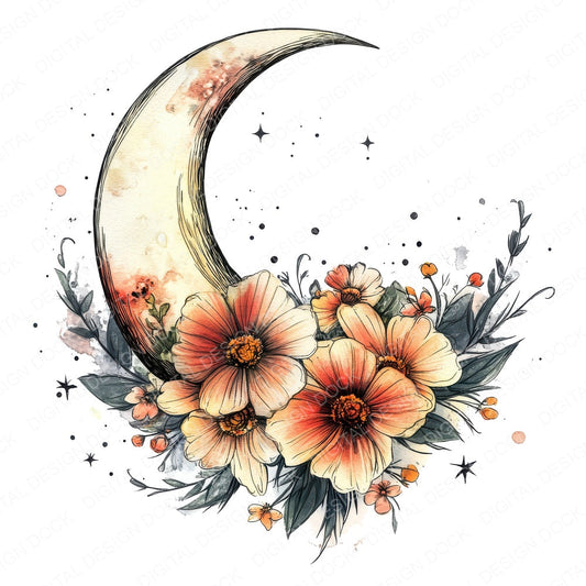 Boho Moon Flowers fussy cut sheet in US Letter format showing all 12 designs on one printable page