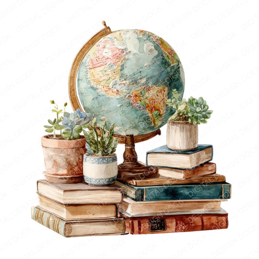 Bookshelf with Globe and Plants fussy cut sheet in A4 format showing all 12 designs on one printable page