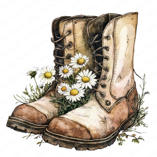 Boots Filled with Daisies fussy cut sheet in A4 format showing all 12 designs on one printable page