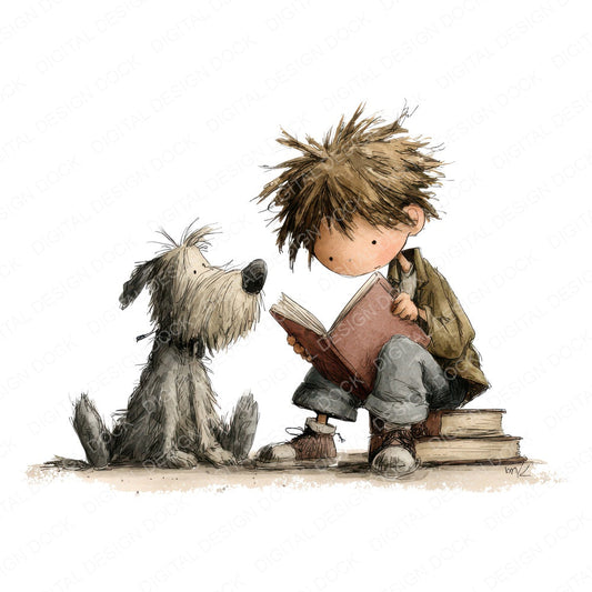 Boy Reading with Dog fussy cut sheet in A4 format showing all 12 designs on one printable page