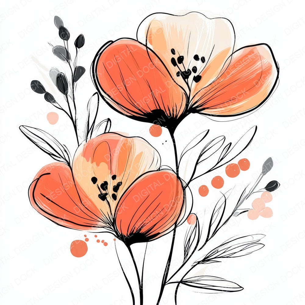 Bright Coral Abstract Flowers fussy cut sheet in A4 format showing all 12 designs on one printable page