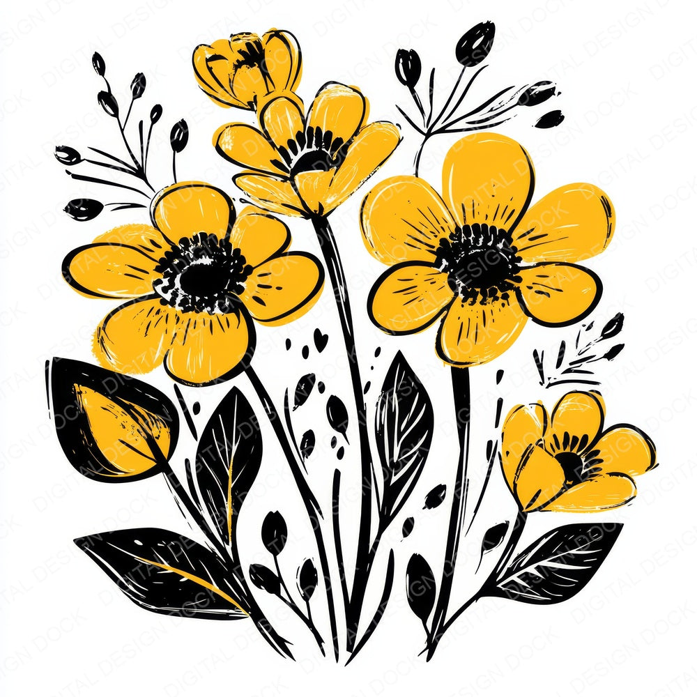 Bright Yellow Abstract Flowers fussy cut sheet in US Letter format showing all 12 designs on one printable page