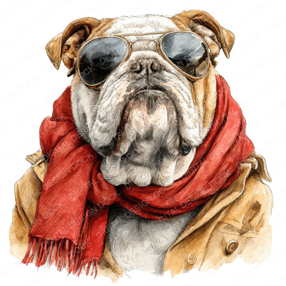 Bulldog with Sunglasses fussy cut sheet in US Letter format showing all 12 designs on one printable page
