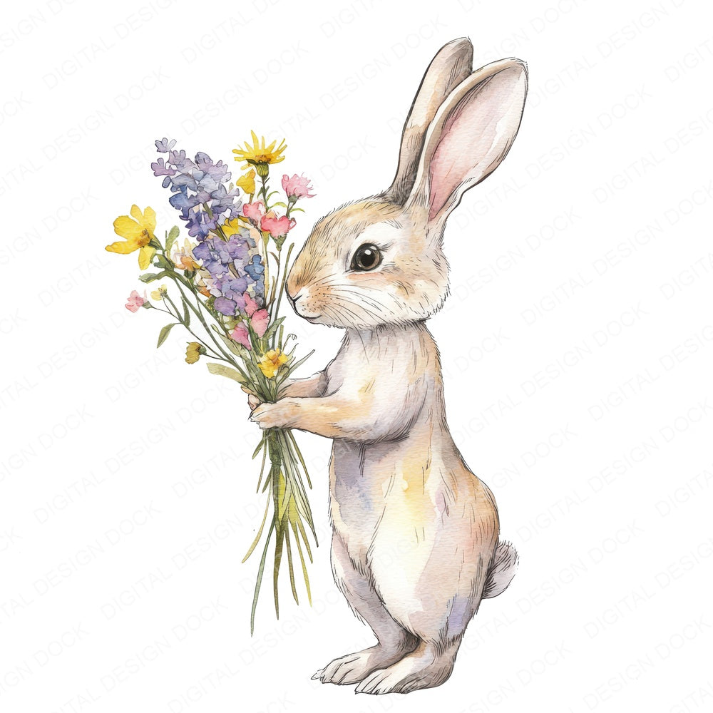 Bunny Holding Wildflowers fussy cut sheet in A4 format showing all 12 designs on one printable page