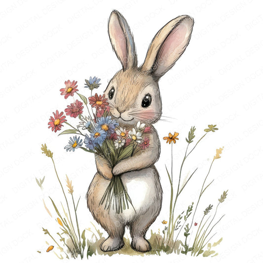 Bunny Holding Wildflowers fussy cut sheet in US Letter format showing all 12 designs on one printable page