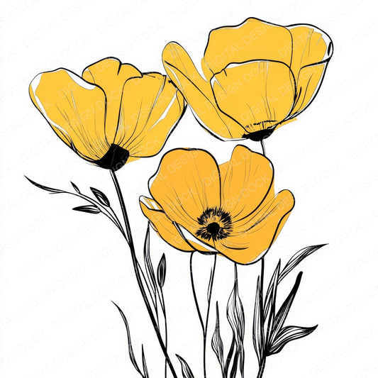 Buttercup Yellow Abstract Flowers fussy cut sheet in A4 format showing all 12 designs on one printable page