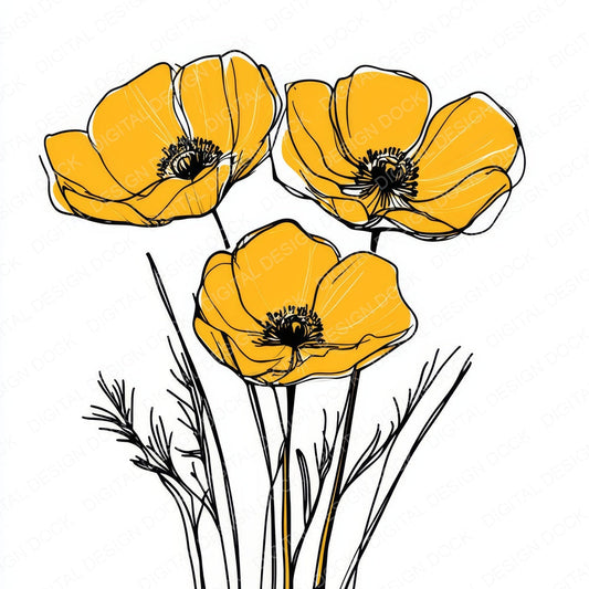 Buttercup Yellow Abstract Flowers fussy cut sheet in US Letter format showing all 12 designs on one printable page