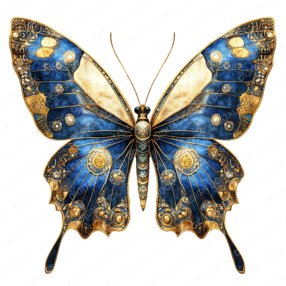 Butterfly Baroque Blue and Gold fussy cut sheet in A4 format showing all 12 designs on one printable page
