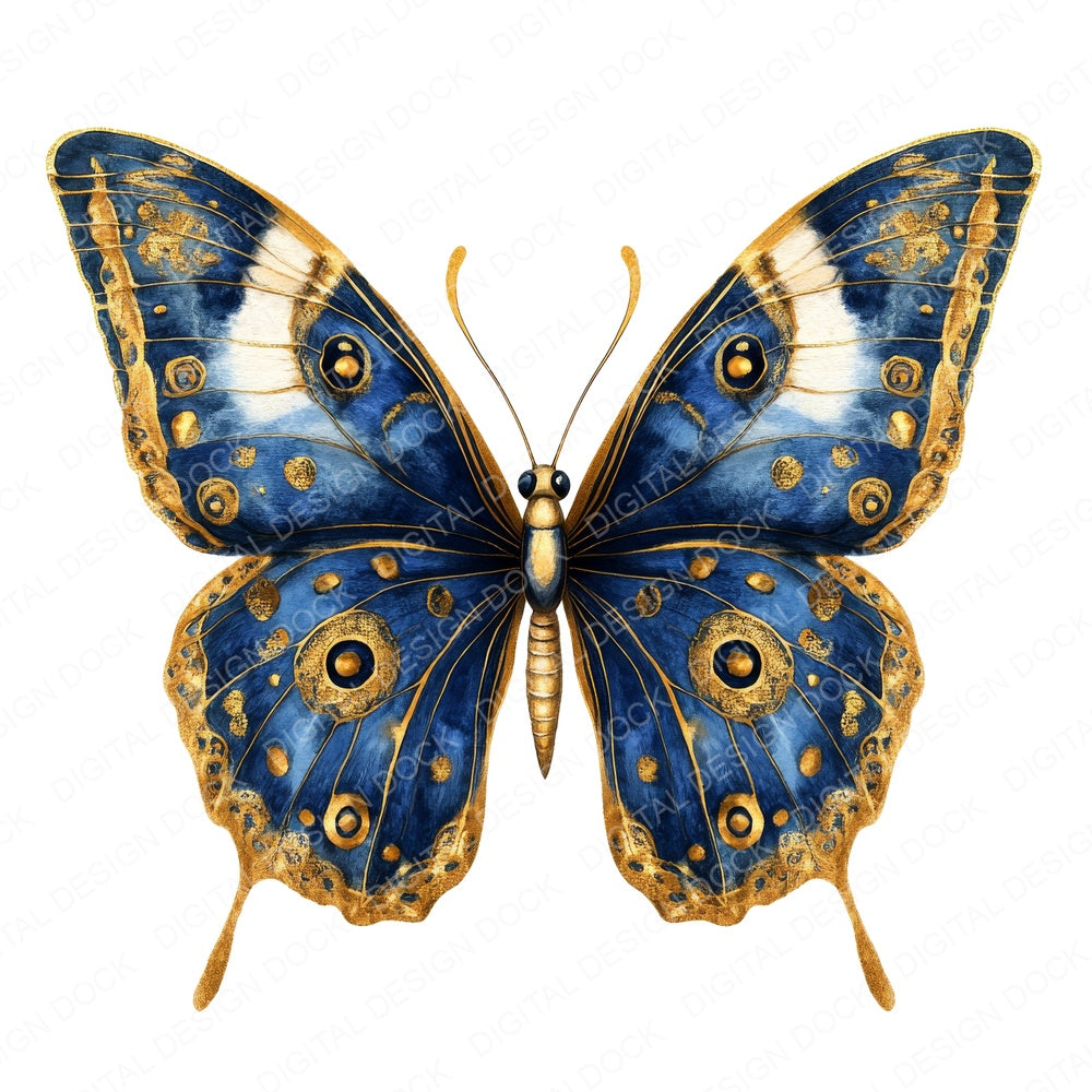 Butterfly Baroque Blue and Gold fussy cut sheet in US Letter format showing all 12 designs on one printable page