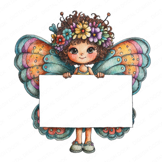 Butterfly Girl with Banner fussy cut sheet in A4 format showing all 12 designs on one printable page