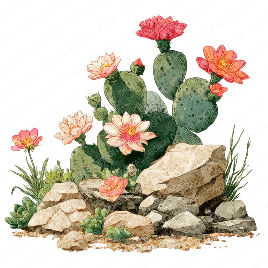 Cactus and Desert Flower Rockery fussy cut sheet in A4 format showing all 12 designs on one printable page