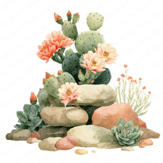 Cactus and Desert Flower Rockery fussy cut sheet in US Letter format showing all 12 designs on one printable page