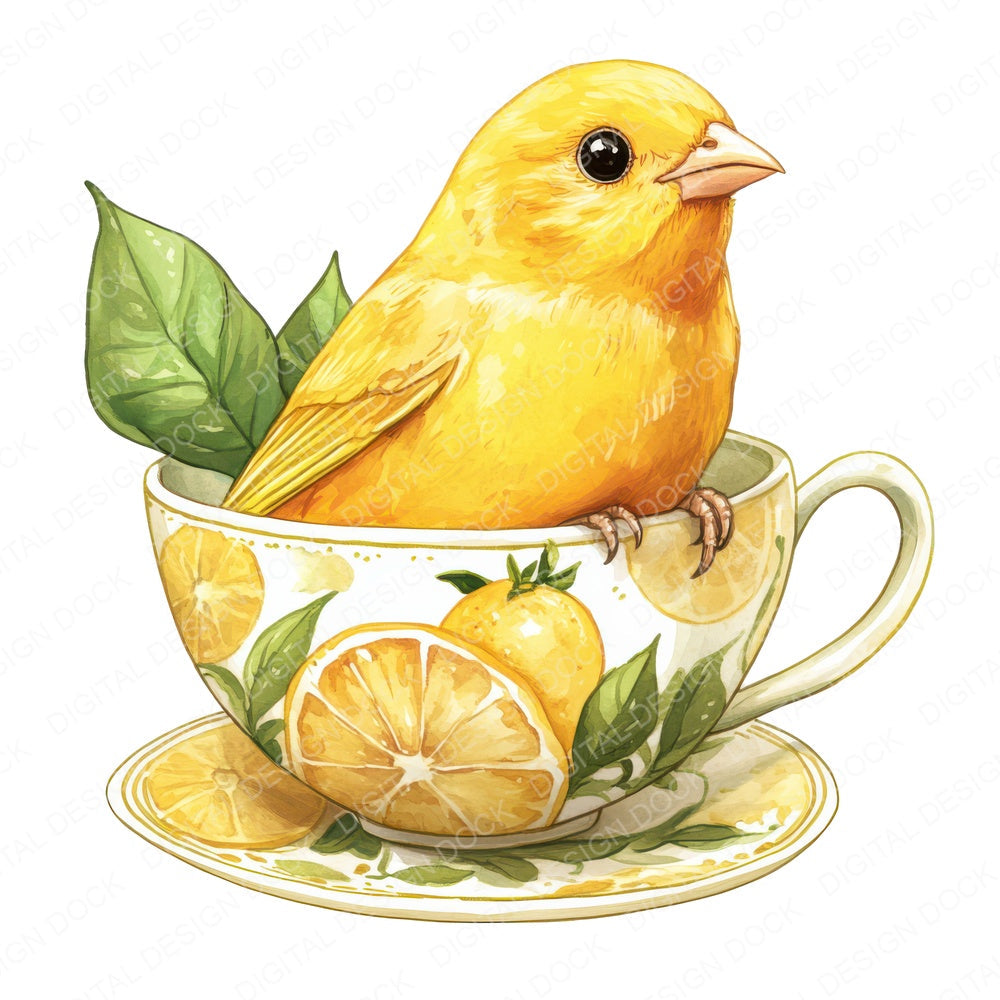 Canary in Lemon Teacup fussy cut sheet in A4 format showing all 12 designs on one printable page