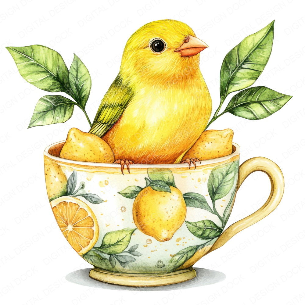 Canary in Lemon Teacup fussy cut sheet in US Letter format showing all 12 designs on one printable page