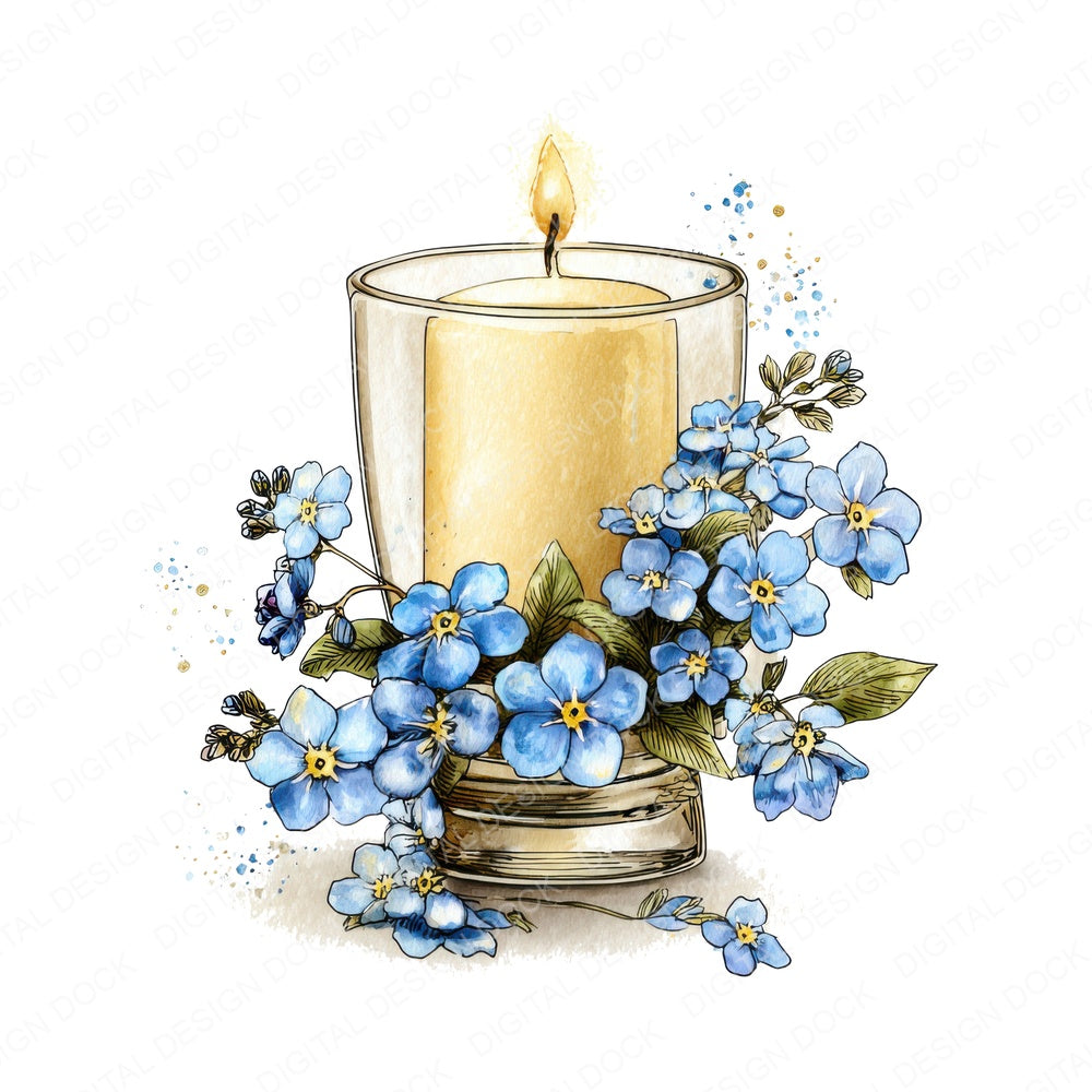 Candle Forget Me Nots fussy cut sheet in US Letter format showing all 12 designs on one printable page