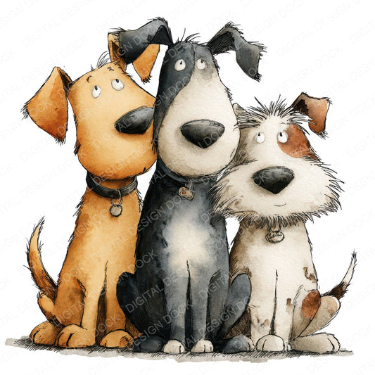 Cartoon Dog Friends fussy cut sheet in US Letter format showing all 12 designs on one printable page