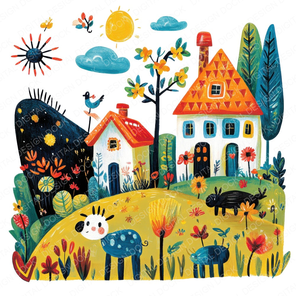 Cartoon Farmyard Scene fussy cut sheet in A4 format showing all 12 designs on one printable page