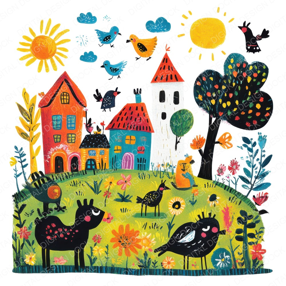 Cartoon Farmyard Scene fussy cut sheet in US Letter format showing all 12 designs on one printable page