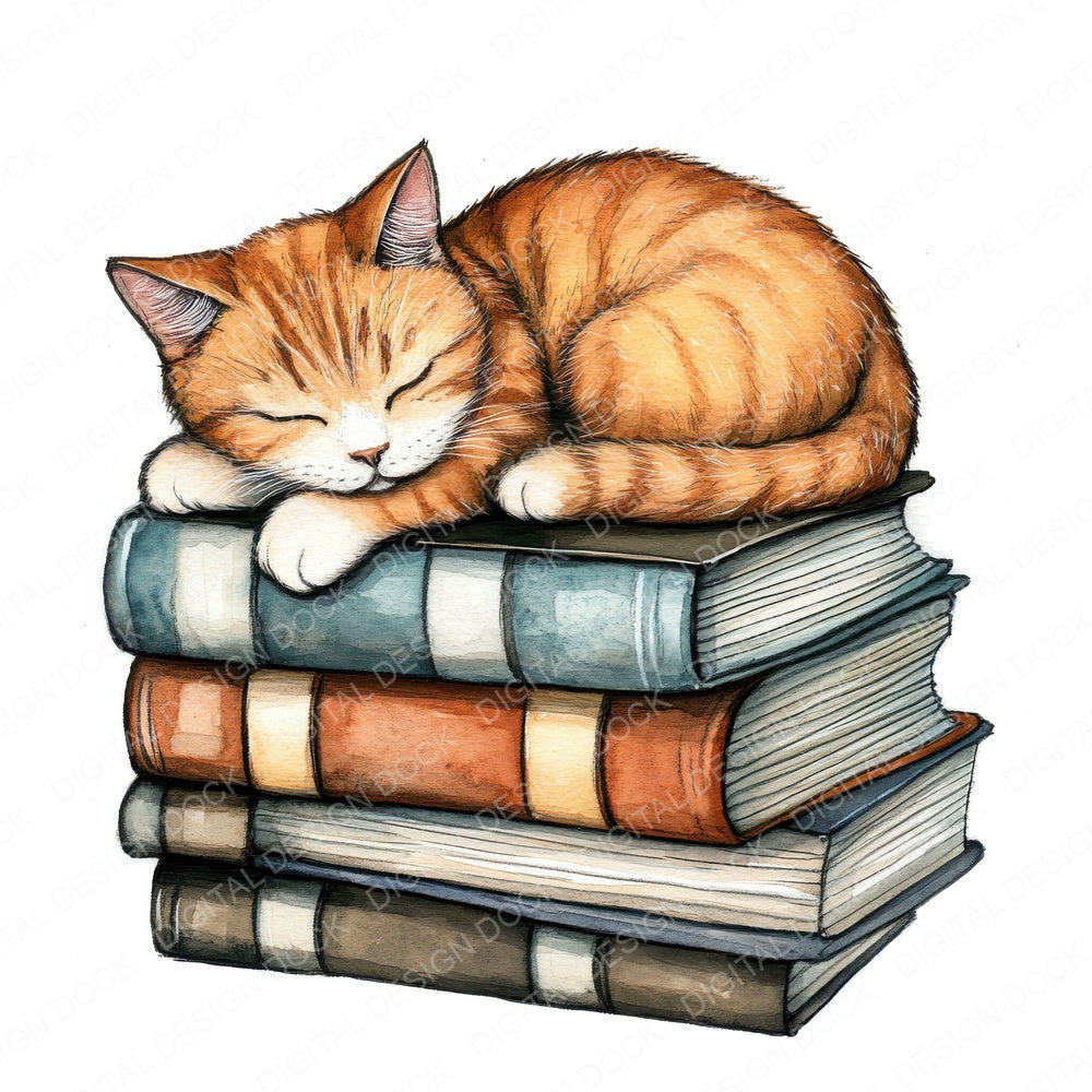 Cat Sleeping on Books fussy cut sheet in A4 format showing all 12 designs on one printable page