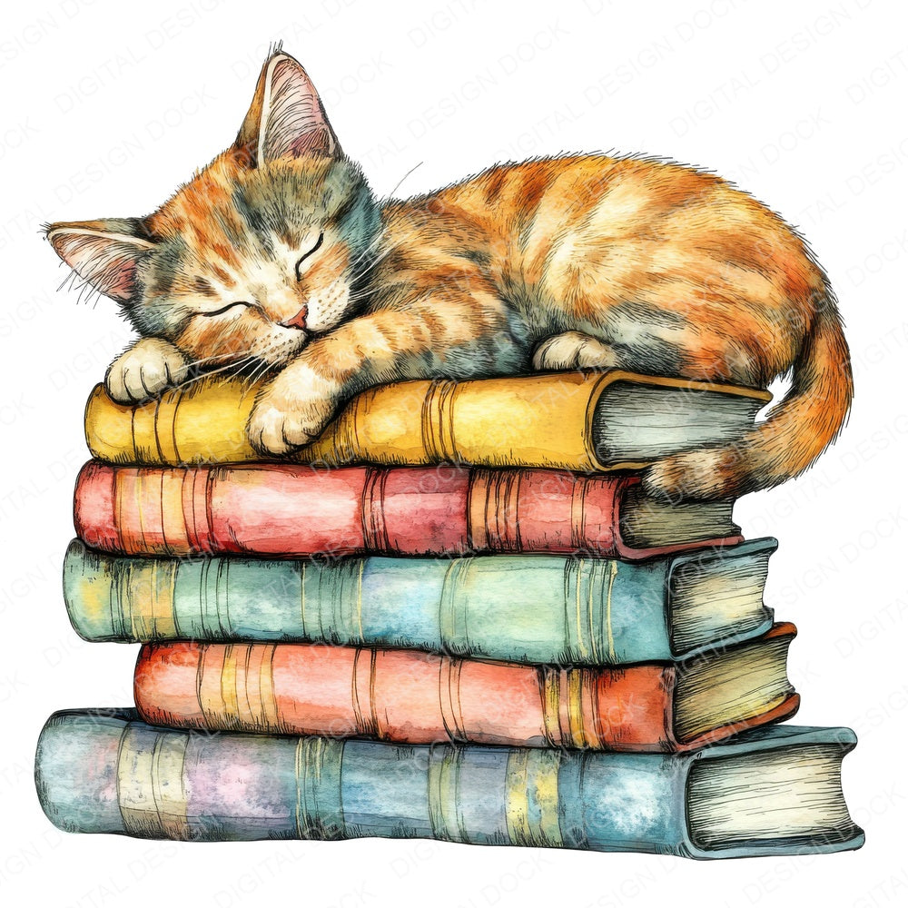 Cat Sleeping on Books fussy cut sheet in US Letter format showing all 12 designs on one printable page